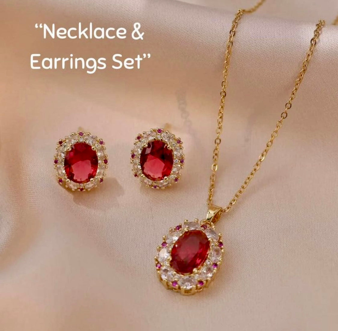 18k Gold filled Ruby Necklace & Earring set for women