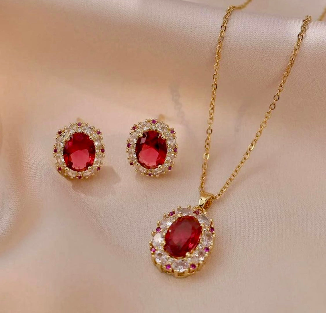 18k Gold filled Ruby Necklace & Earring set for women