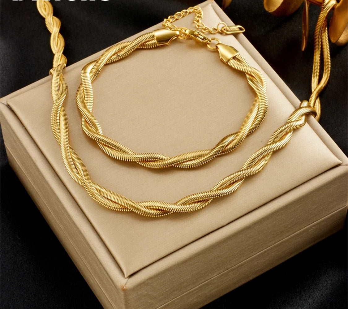 18k Gold Filled Herringbone Necklace & Bracelet Set for women