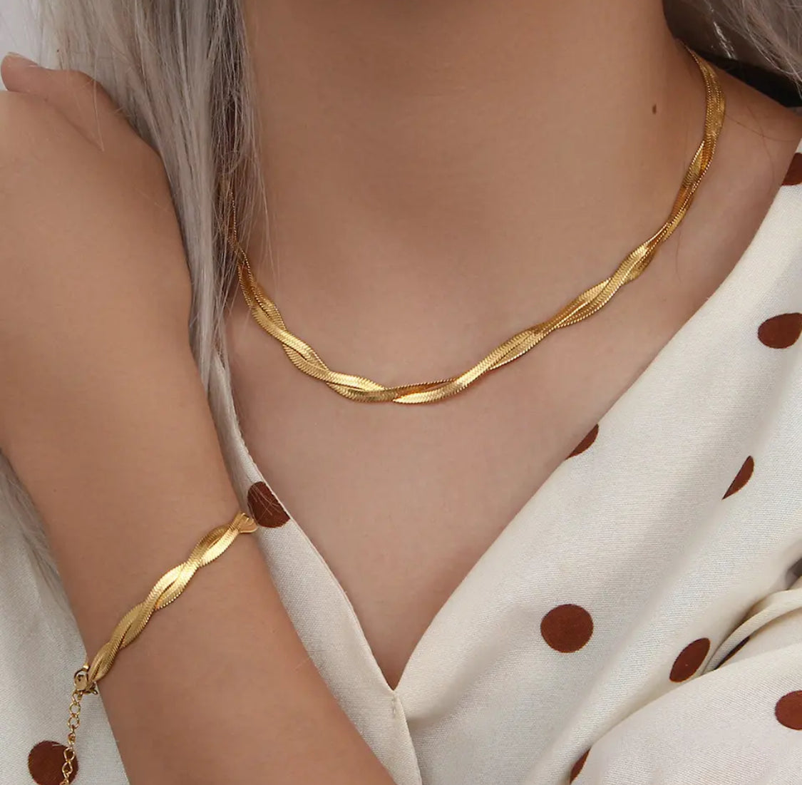 18k Gold Filled Herringbone Necklace & Bracelet Set for women