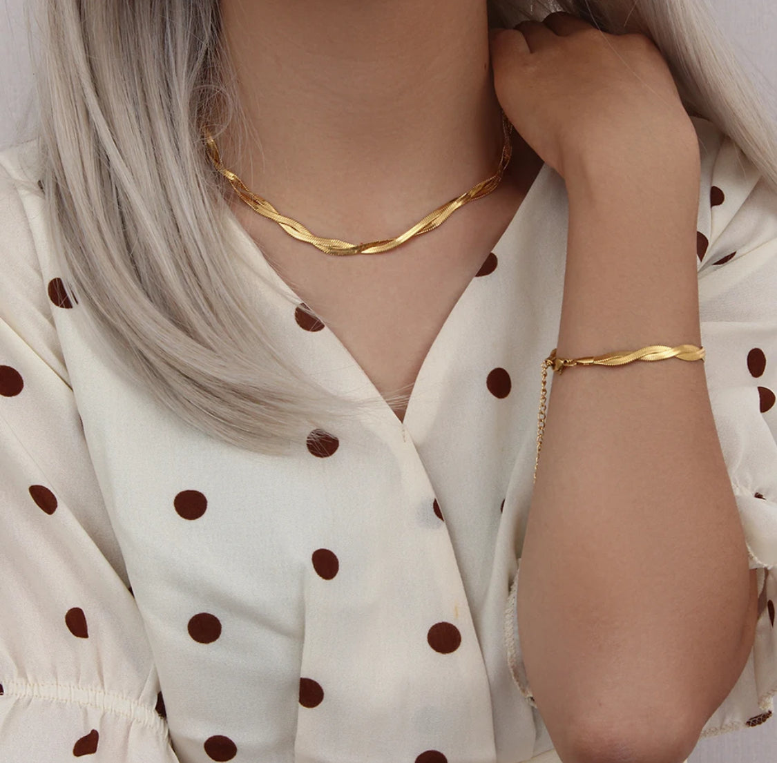 18k Gold Filled Herringbone Necklace & Bracelet Set for women