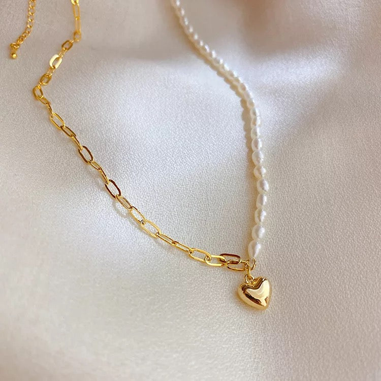 Paperclip Pearl Heart Necklace